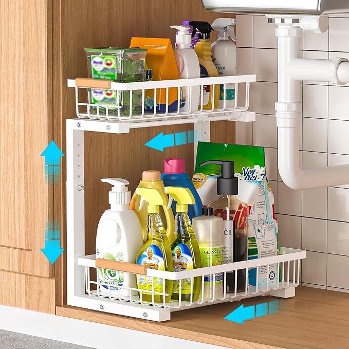 Liuoud Under Sink Organizer Storage 1 pack, 2 Tier Slide Out Height Adjustable Pull Out Cabinet Organizer Drawers, Kitchen Bathroom Large Capacity Metal Under Sink Rack Caddy Basket Shelves, White