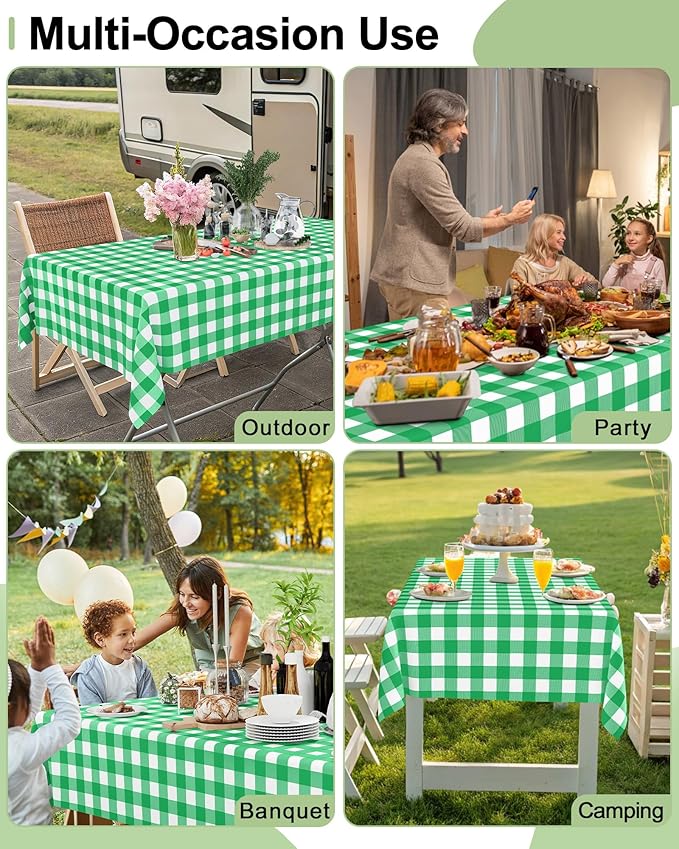 Smiry 20 Packs Gingham Disposable Table Cloth, 54 x 108 Inch Waterproof Plastic Tablecloth, Rectangle Green and White Checkered Table Covers for Picnic, Birthday, Party