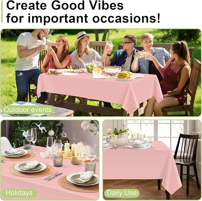 QIKSION Blush Pink Plastic Table Cloth Disposable 3 Pack, 54 x 108 Inch Tablecloths for Valentines, Easter, Mothers Day Decorations, Baby Shower Birthday Party, Rectangle Table Cover