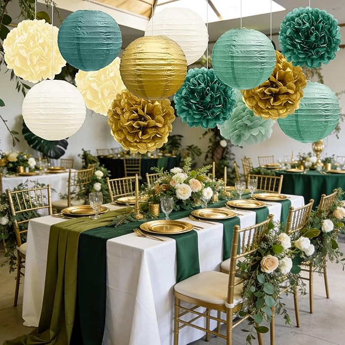 BEISHIDA Green Gold Tissue Hanging Paper Flowers Lanterns Party Decorations Set for Birthday Graduation Baby Shower Bridal Bachelorette Wedding Photo Booth Backdrops Party Supplies(18 Packs)
