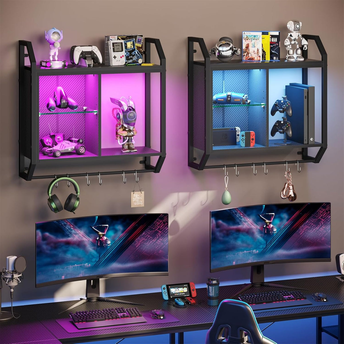 Bestier 25" LED Gaming Floating Shelves for Wall, Wall Mounted Shelf Pipe Adjustable Glass Shelves, Hanging Display Rack with 6 S-Hooks Towel Bar