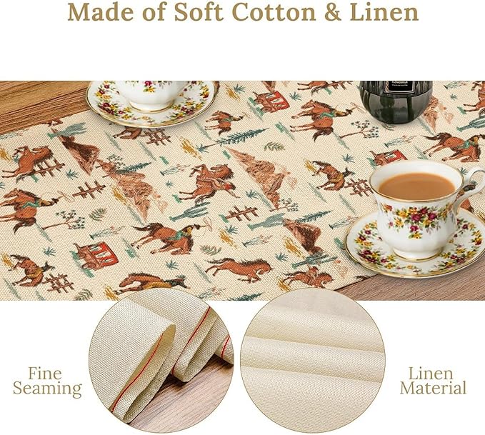 Western Cowboy Table Runner, Rustic Country Cowboy Riding Horse Desert Table Runner for Home Kitchen Dining Patio Indoor Farmhouse Coffee Outdoor 13x108in