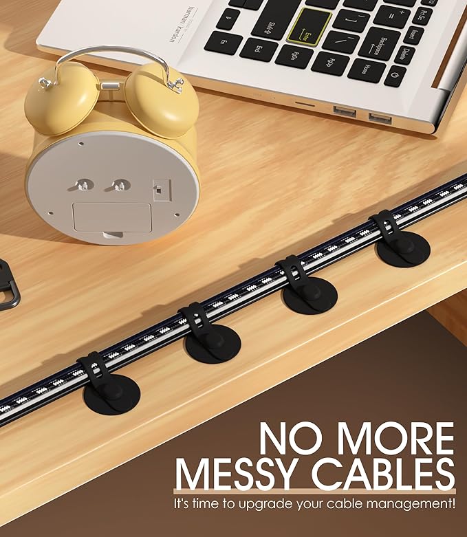 Cable Management Under Desk, Adjustable Self-Adhesive Silicone Cable Ties Cord Organizer, Reusable Heavy-Duty Cord Holder Under Table for Office, Home, School (30Pcs-Black)
