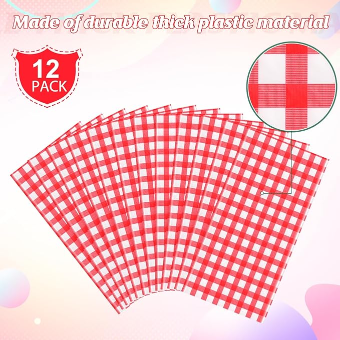 12 Pack Red and White Plastic Checkered Tablecloth Round, Premium Decorative Disposable Red Gingham Plaid Table Cloths for Parties, Round Party Table Cover for Picnic Farm Birthday Wedding, 84 Inch