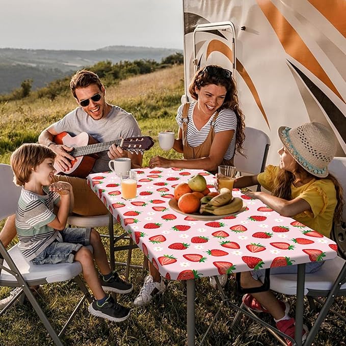 Strawberry Picnic Table Cover with Bench Covers and Bag, Camping Essentials, Berry Waterproof Windproof, Fitted Tablecloth Cover with Elastic Edge for Outdoor Garden 3 PCS 30x72 Inch