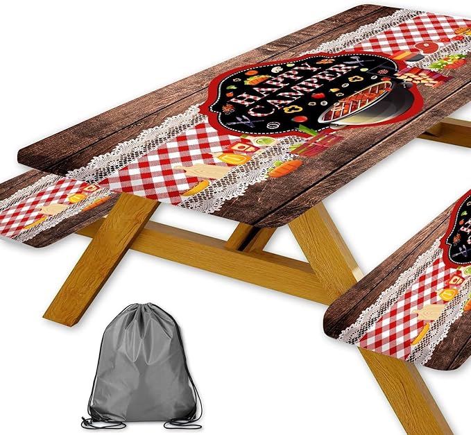 Happy Camper Picnic Table Cover with Bench Covers Elastic Edges, Wooden Red Plaid Fitted Table Cover, Outdoor Patio Camping Essentials 72 Inch 3PCS, Waterproof Fitted Tablecloth with Drawstring Bag