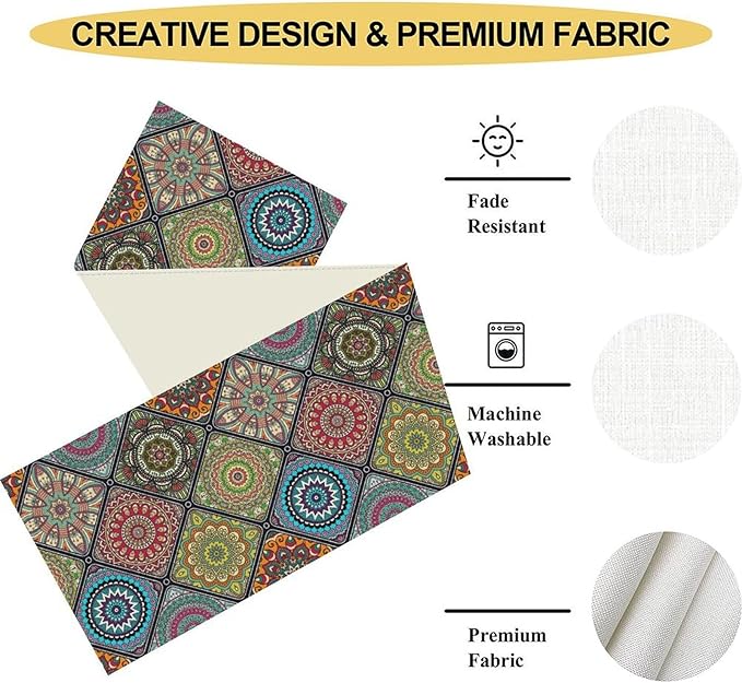 Bohemian Mandala Table Runner, Vintage Colorful Boho Geometric Floral Flower Antique Paisley Rustic Coffee Table Center Decor for Family Kitchen and Living Room Outdoor Table Decorations, 13"x72"