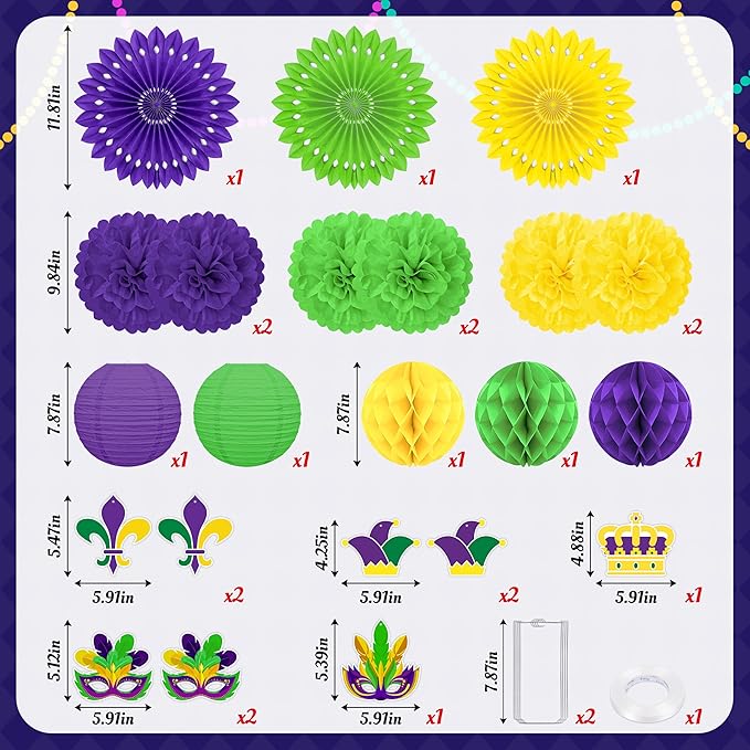 22pcs Mardi Gras Party Decorations – Purple Gold Green Paper Fans, Honeycomb Hangings for Carnival, Centerpieces, Birthday Supplies