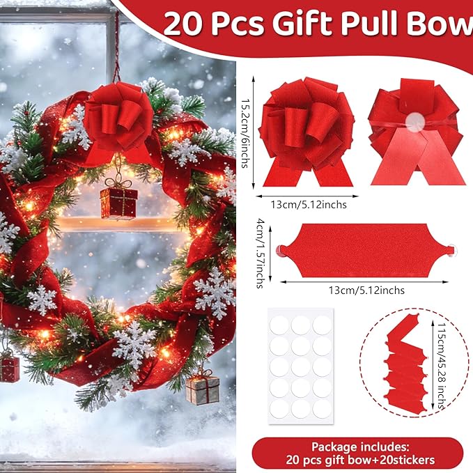 20 pcs Red Pull Bow for Gift Basket Wrapping Xmas Gift Bows Presents Adhesive Wrap Ribbon Bow for Christmas Tree Ornament Wine Bottles Bouquet Flower Valentine's Day Party Decor (Red-L)