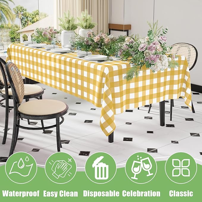 Smiry 5 Pack Gold Gingham Disposable Tablecloths - 54" x 108" Heavy Duty Plastic Table Cloth, Waterproof Buffalo Plaid Table Covers for Picnic, Banquets, Parties
