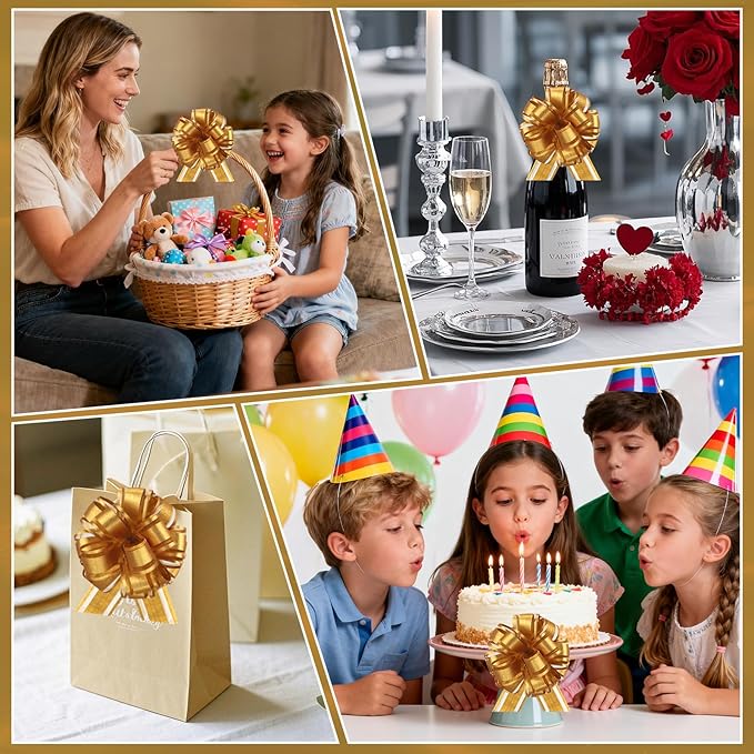 24pcs Gold Pull Bow for Gift Basket Wrapping Xmas Gift Bows Presents Adhesive Wrap Ribbon Bow for Christmas Tree Ornament Wine Bottles Bouquet Flower Valentine's Day Party Decor (Gold-G)