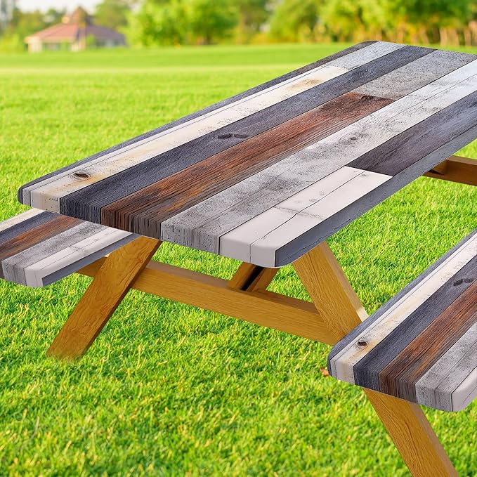 Picnic Table Cover with Bench Covers Rustic Farmhouse Waterproof Windproof Fitted Outdoor Patio Camping Rectangle Tablecloth 96x30 Inch Elastic Edges