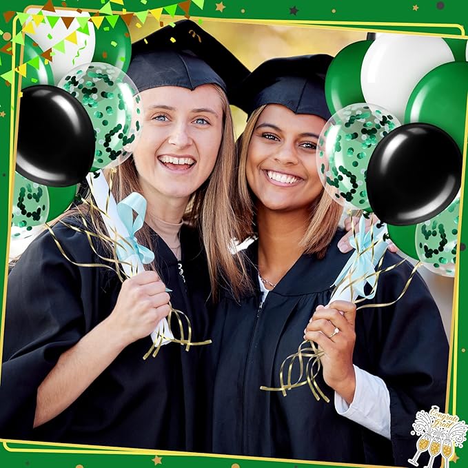 Sratte 60 Pcs 12 Inch Black Green White Balloons Kit Graduation Decorations Confetti Latex Metallic Balloons with 2 Rolls Ribbon Party Favor for Memorial Day Birthdays