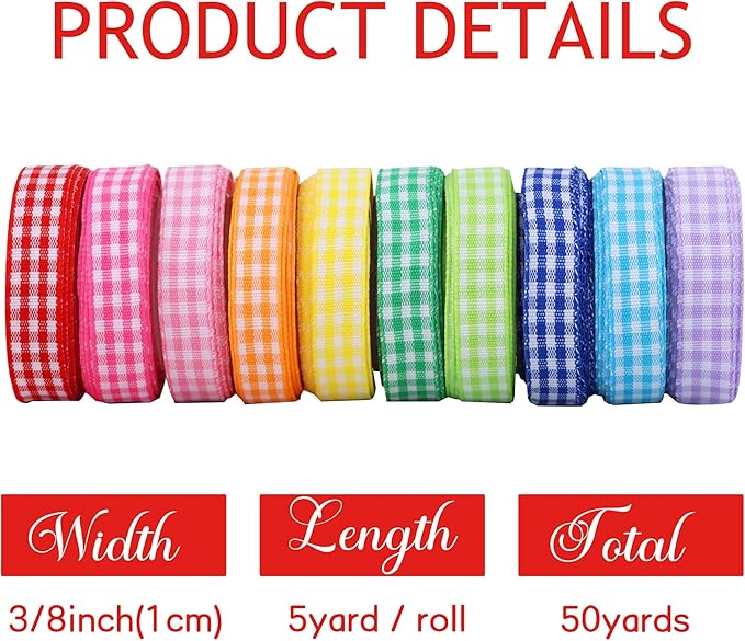 TONIFUL 3/8 Inch Gingham Ribbon 10 Colors 50 Yards Plaid Checkered Ribbons for Spring, Easter, Crafts, Gift Wrapping, Bouquet, Wedding Invitation, Bows, Baby Shower, Birthday Decoration (5Yd/Roll