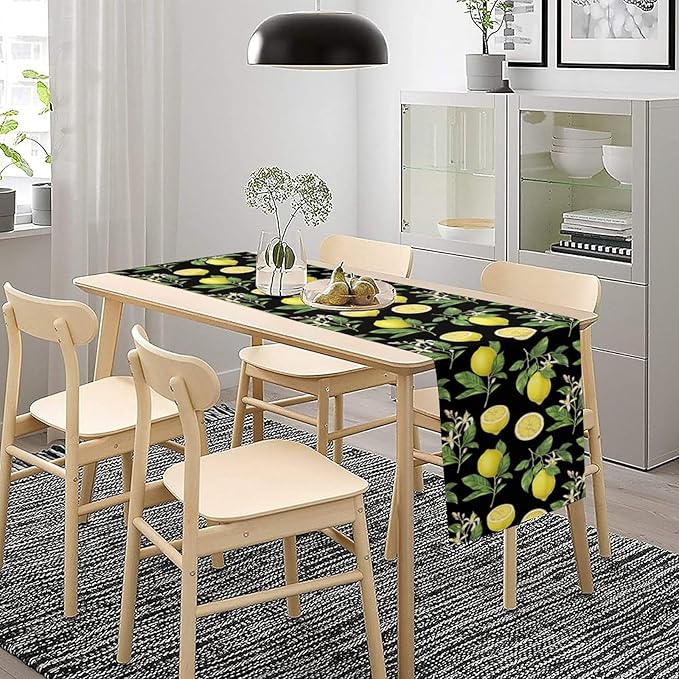 Watercolor Lemon Table Runner, Spring Summer Seasonal Green Leaves Flowers Yellow Fruits Print Table Runner for Farmhouse Kitchen Dining Table Home Party Indoor Decor 13x90in