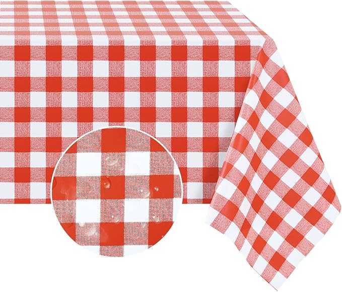 Romanstile Rectangle Vinyl Tablecloth, 100% Waterproof Buffalo Gingham Plastic Table Cloth, Heavy Duty Wipeable Checkered Table Covers for Outdoor, Camping, Picnic, Patio - 54 x 120, Red and White