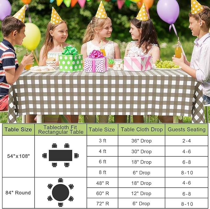 Smiry 3 Pack Khaki Gingham Disposable Tablecloths, 84 Inch Round Heavy Duty Plastic Table Cloth, Waterproof Buffalo Plaid Table Covers for Picnic, Banquets, Outdoor Parties