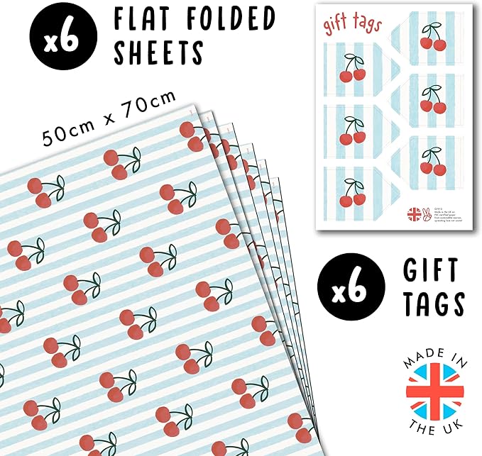 CENTRAL 23 Blue Wrapping Paper - 6 Sheets Cherry Gift Wrap for Women or Friends - Birthday Christmas Wedding Summer Theme - Red Cherries Stripe - Recyclable - Comes with Tags
