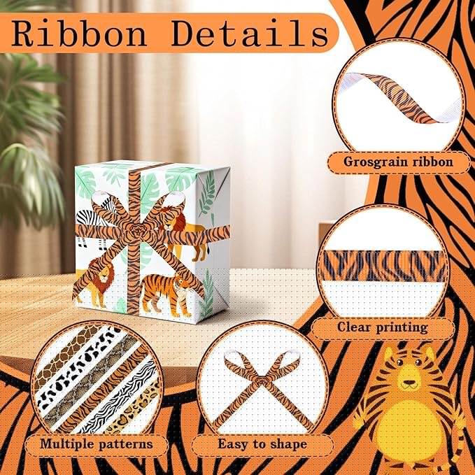 6 Rolls Animal Print Ribbon Set, 3/8 Inch x 5 Yard Safari Ribbons, Leopard, Zebra, Tiger, Cow, Snake, Giraffe Patterns Ribbons for DIY Crafts, Hair Bows, Gift Wrapping, Party Decor