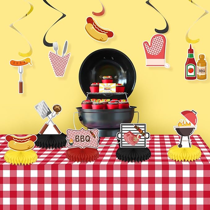 9PCS BBQ Party Decorations BBQ Baby Shower Table Centerpieces Picnic Decorations Honeycomb Table Toppers for Baby Q Baby Shower Decorations Summer Birthday Party