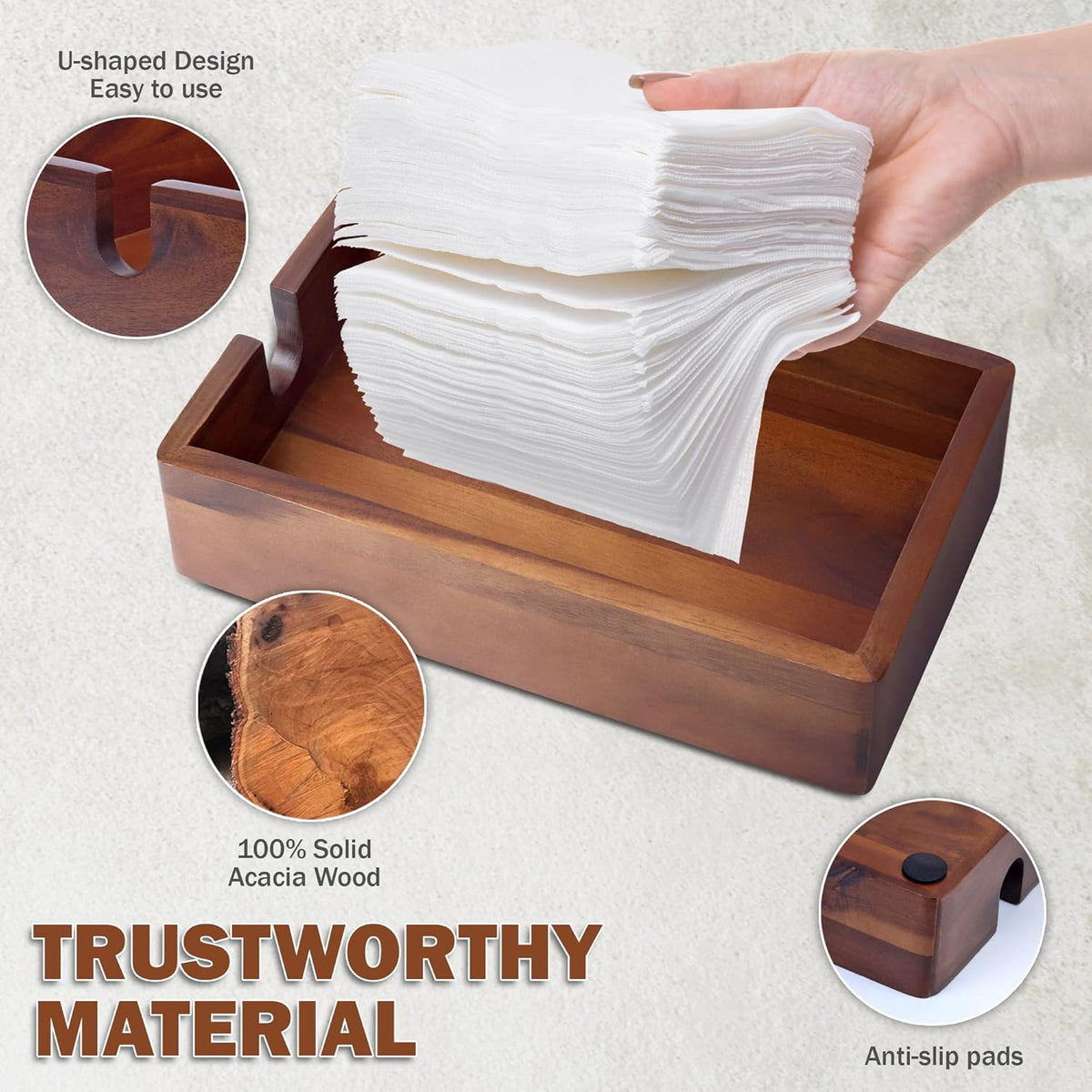 Acacia Guest Towel Napkin Holder 10x6", Paper Hand Towels Tray Holds Paper & Cloth Linen Napkin on Table, Kitchen Counter, Bathroom - Durable
