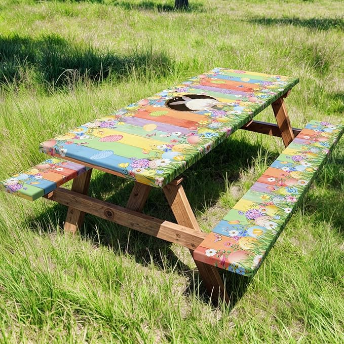 Easter Picnic Table Cover with Bench Covers, Cute Bunny Flower Colorful Wooden Board Camping Tablecloth, Waterproof Windproof, Fitted Tablecloth Cover with Elastic Edge, for Outdoor, 3 PCS, 30x72 Inch