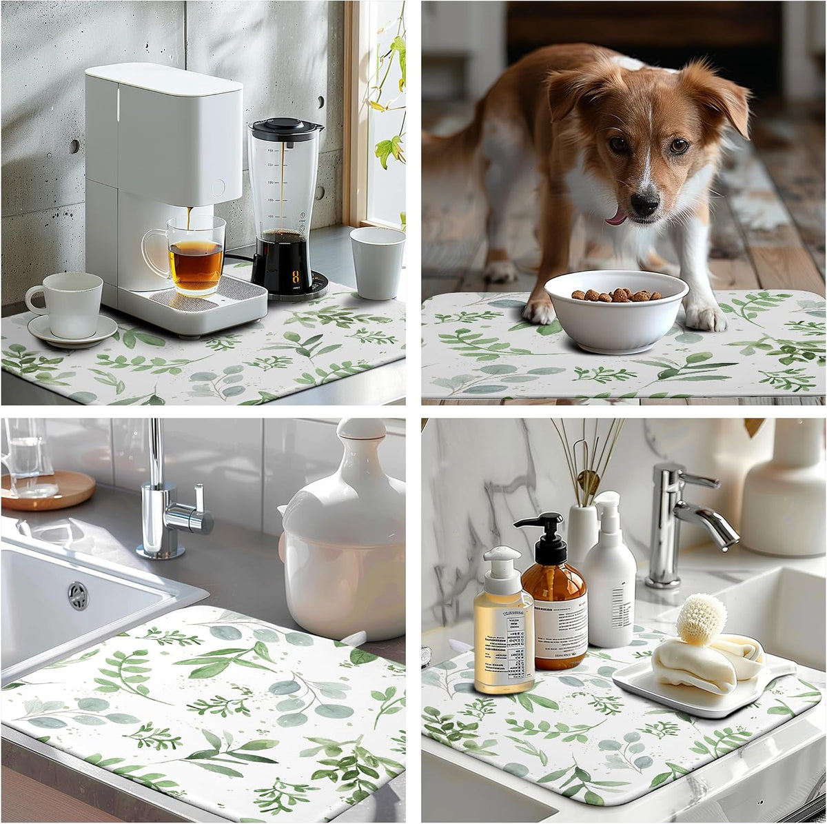 Summer Sage Green Leaves Dish Drying Mat Spring Eucalyptus Leaf Kitchen Dish Drying Pad Absorbent Dish Dryer Mat for Kitchen Countertops Microfiber Dishes Drainer Pad Dish Drying Rack Mat (18x24 in)
