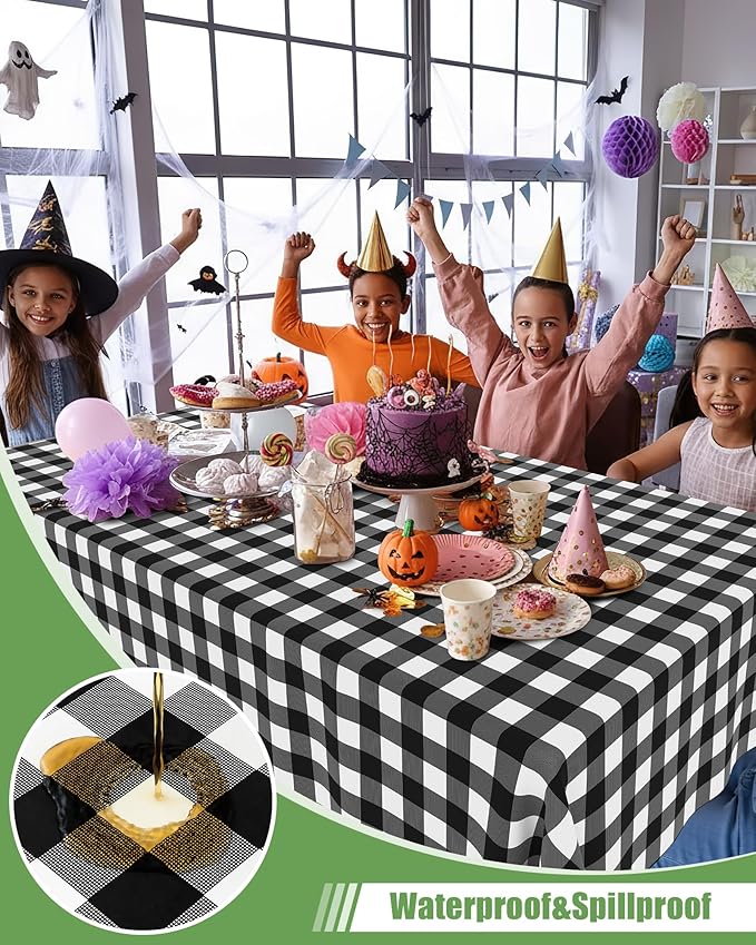 Smiry 8 Packs Gingham Disposable Table Cloth, 54 x 108 Inch Waterproof Plastic Tablecloth, Rectangle Black and White Checkered Table Covers for Picnic, Birthday, Party