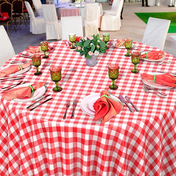 12 Pack Red and White Plastic Checkered Tablecloth Round, Premium Decorative Disposable Red Gingham Plaid Table Cloths for Parties, Round Party Table Cover for Picnic Farm Birthday Wedding, 84 Inch