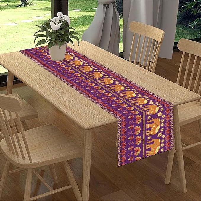African Tribal Table Runner, Rustic Elephants Floral African Indian Diwali Art Print Purple Coffee Table Center Decor for Home Kitchen Holiday Party Farmhouse Outdoor Table Decorations, 13"x108"