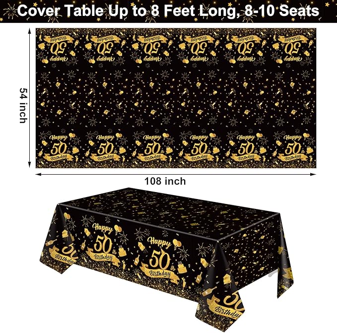 NatNarr 3 Pack 50th Birthday Plastic Tablecloth, 54x108 Inch Black Gold Disposable Rectangle Table Cover Waterproof Table Cloth for Birthday 50 Anniversary Party Supplies