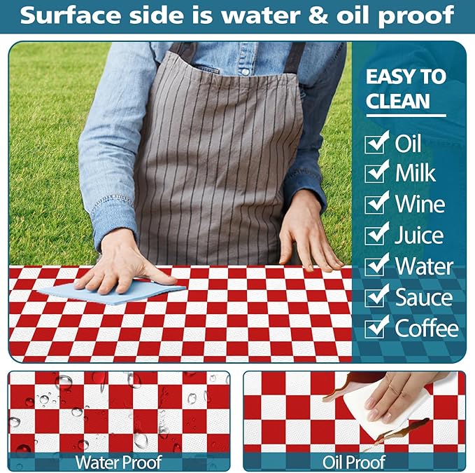 Picnic Table Cover with Bench Covers and Bag, Red and White Checkered Gingham Buffalo Plaid Camping Tablecloth Waterproof Windproof Elastic Edges Fitted Tablecloths for Outdoor Garden 3PCS 30x72 Inch