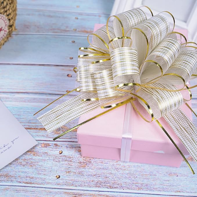 20 PCS Large Pull Bow Gift Wrapping Bows, Pull Bow with Ribbon for Wedding Gift Baskets, Party Gift Wrap Bows, Presents Decorating Bows (White)