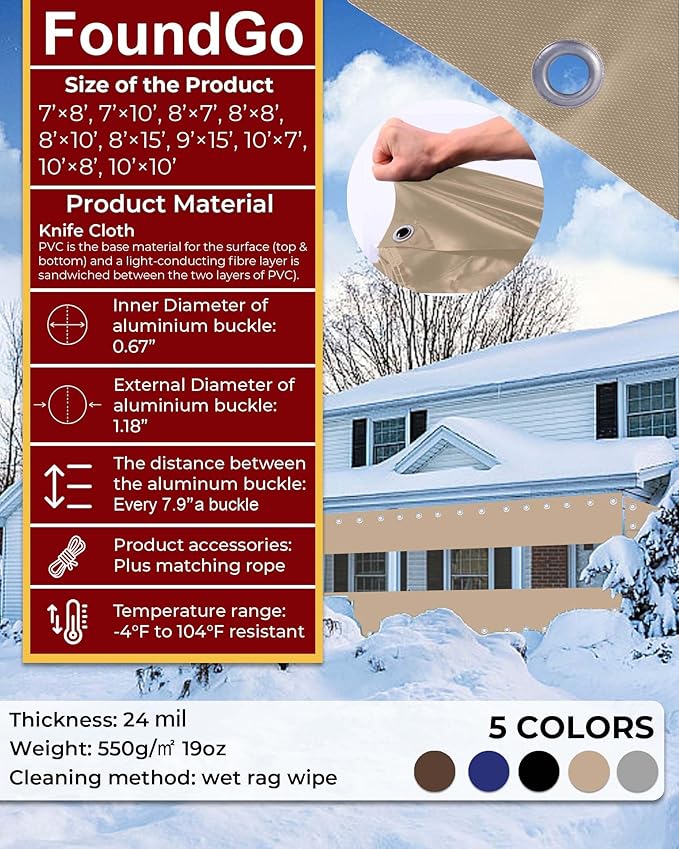 FoundGo 10'Hx10'W Outdoor Vinyl Curtains for Patio,19oz Clear Vinyl Patio Enclosure,Heavy Duty Clear Tarps Waterproof Vinyl Tarp with Grommets for Pergola, Porch,Gazebos,Balcony,-4℉ Cold Resistant