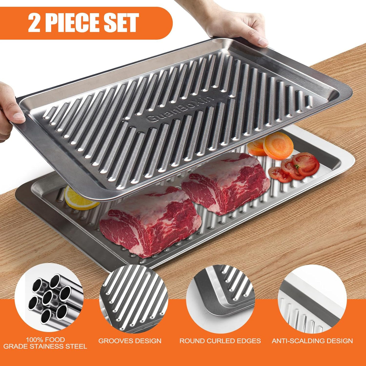 Grilling Prep and Serve Trays Set of 2 Stackable Stainless Steel BBQ Trays Marinating Tray Food Serving Platter for Cooked and Raw Meat BBQ Prep Tub