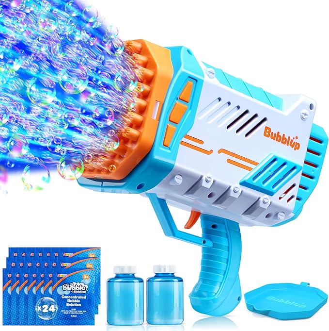 JOYIN Sloosh Bubble Machine Guns, 69 Holes Bubble Gun Blaster Blower for Kids Adults, Colored Light Bazooka Rocket Shape with Solution Outdoor, Summer Toy, Gift, Party Favor, Wedding, Birthday, Easter