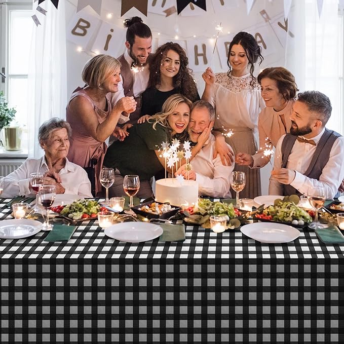 12Pack Black and White Plastic Checkered Tablecloth, Premium Decorative Disposable Black Gingham Plaid Tablecloths for Parties, Rectangle Party Table Cover for Picnic Farm Birthday Wedding, 54x108Inch