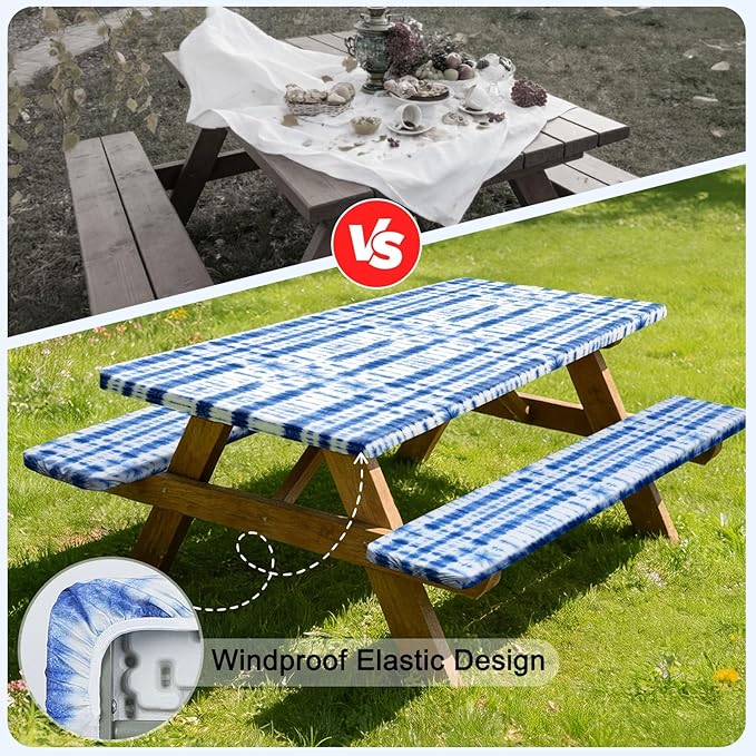 Picnic Table Cover with Bench Covers Windproof Waterproof Picnic Table Covers Camping Tablecloth with Self-Storage Bag, 72in, Blue Tie-dye