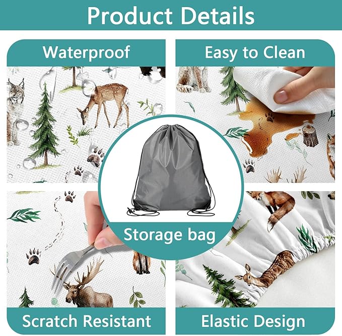 Picnic Table Cover with Bench Covers, Camping Essentials, Funny Rustic Woodland Animals Dear Beer Fox Table Cover Waterproof Fitted Tablecloth Cover with Elastic Edge for Outdoor 3 PCS 30x60 Inch