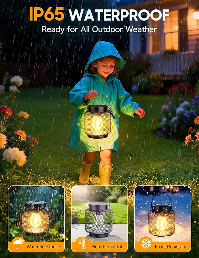 KOOPER Metal Solar Lanterns Outdoor Waterproof, 2 Pack Brighter Hanging Solar Lights for Outside, Up to 15 Hours Modern Hanging Solar Powered Lanterns Lights for Yard Patio Porch Garden Decorative
