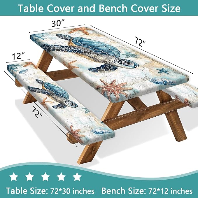 Picnic Table Cover with Bench Covers 6FT, Camping Essentials, Nautical Sea Turtle Ocean Windproof Waterproof Picnic Table Cloth, Fitted Tablecloth with Elastic Edge for Indoor Outdoor 3PCS 30x72 Inch