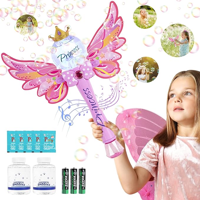 Princess Bubble Wand,Bubble Machine for Kids Girls,Music & Light Up Bubble Blower,Bubble Maker,Outdoor Party Birthday Bubble Toy for Toddlers,Gift for Girls Age 3 4 5 6 7 8 Years Old.(Pink)