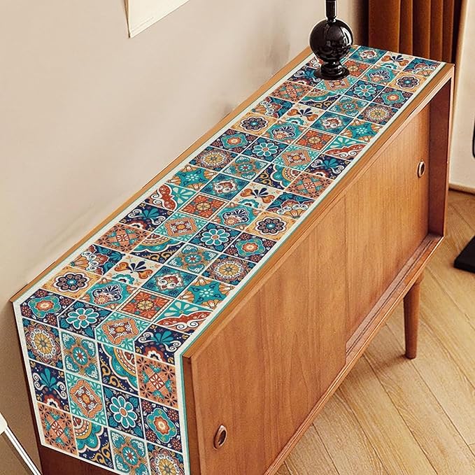 Mexican Table Runner, Blue Rustic Mexico Talavera Ceramic Hand Painted Tiles Cinco De Mayo Coffee Table Center Decor for Family Kitchen and Dining Patio Indoor Outdoor Table Decorations, 13" X 36"