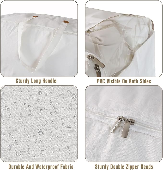 Heavy Duty Cotton Canvas Storage Bags For Comforter Blankets Clothes Extra Large Foldable Organizer with Clear Window & Reinforced Handles, Dustproof Design (White, 80L-3Pack)