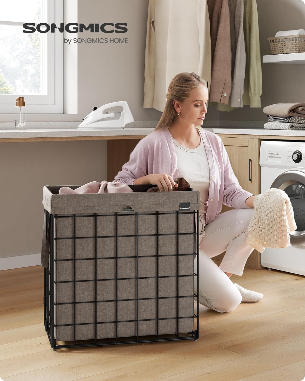 SONGMICS Laundry Hamper, 29 Gal. (110L) Laundry Basket, Collapsible Clothes Hamper, Removable and Washable Liner, Metal Wire Frame, for Bedroom Bathroom, Black and Camel Brown ULCB111N01