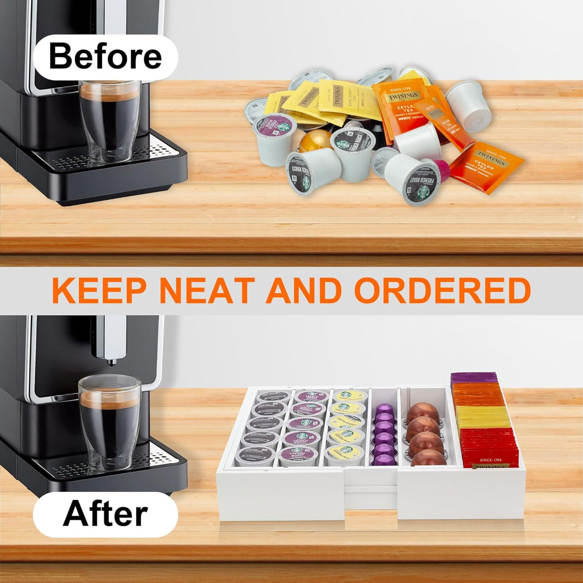 MinBoo Bamboo Drawer Organizer - Expandable K Cup & Pods Holder, Coffee Pod Storage, Tea Organizer