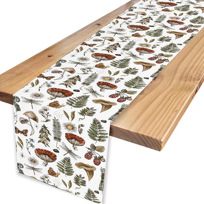 Mushroom Table Runner, Rustic Farmhouse Forest Plants Botanical Country Coffee Table Center Decor for Home Kitchen Dining Patio Holiday Party Indoor Outdoor Table Decorations, 13"x90" Inch