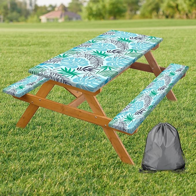 Palm Leaves Picnic Table Cover with Bench Covers, Waterproof Summer Tropical Hawaiian Green Leaves Tablecloth for Camping Indoor Outdoor Party Decorations, 30X72in