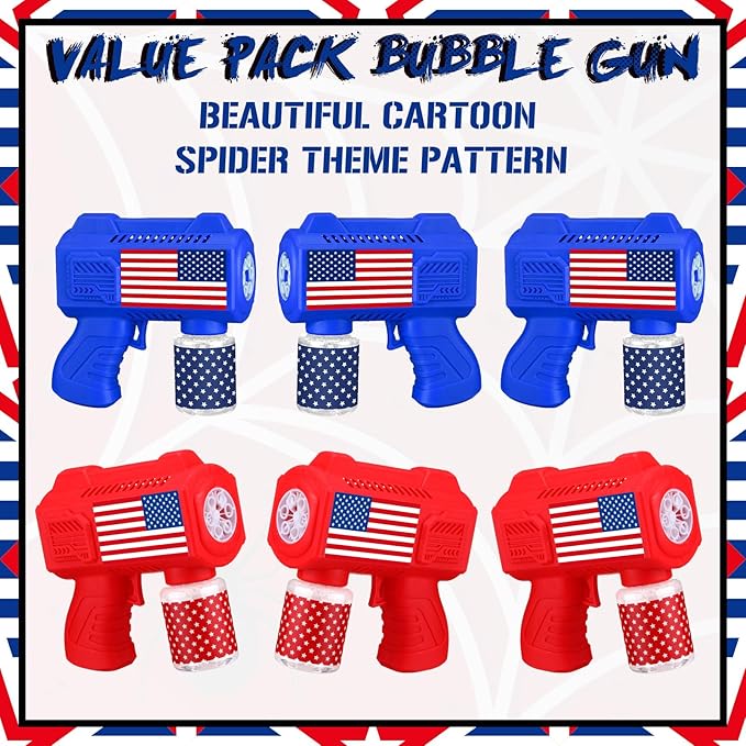 Gemscream 6 Pack 4th of July Automatic Bubble Gun for Party Patriotic Bubble Machine Blower for Outside Activity 250th Anniversary Party Supplies for Independence Day Summer Birthday Gifts Decoration