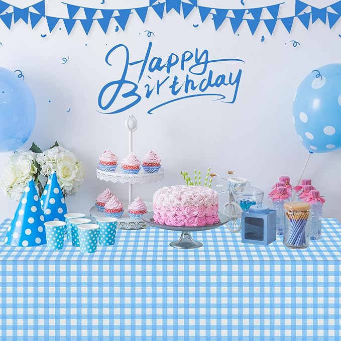 6Pack Light Blue and White Plastic Checkered Tablecloth, Premium Decorative Disposable Light Blue Gingham Plaid Tablecloth for Party, Rectangle Party Table Cover for Picnic Farm Birthday, 54x108 Inch